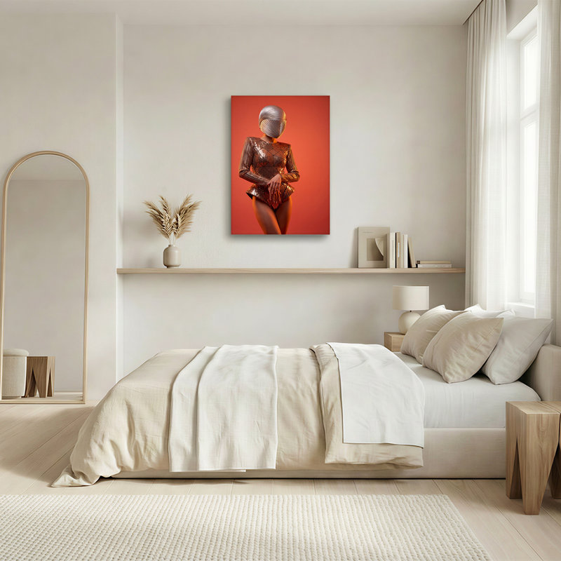 Art mural, modèle argenté en costume géométrique sur toile orange, 36"H x 24"W