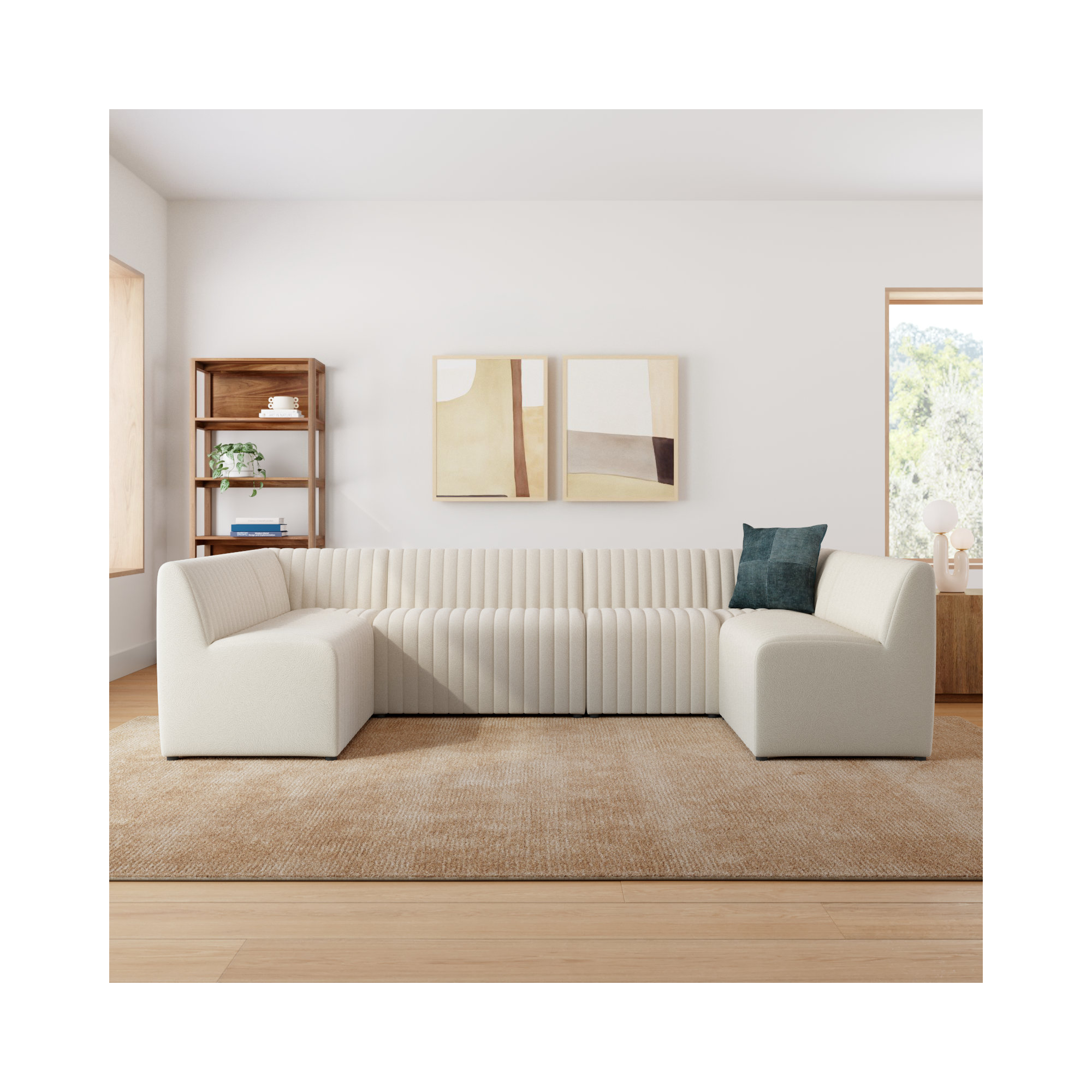 Brandt 106" Wide Symmetrical Modular Corner Sectional, Cream Polyester, 31.5" H X 119.5" W x 66.5" D