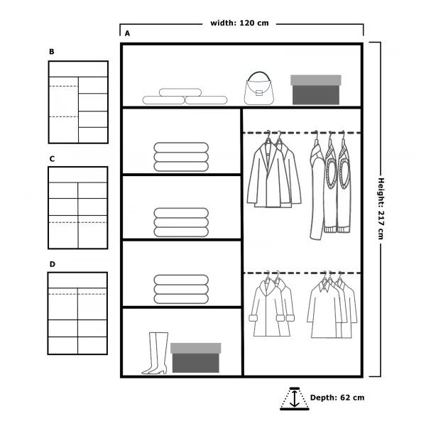 Cairo Sliding Double Mirror Wardrobe 90/100/120/150/180/203cm, Grey, 217cm H x 120cm W x 62cm D