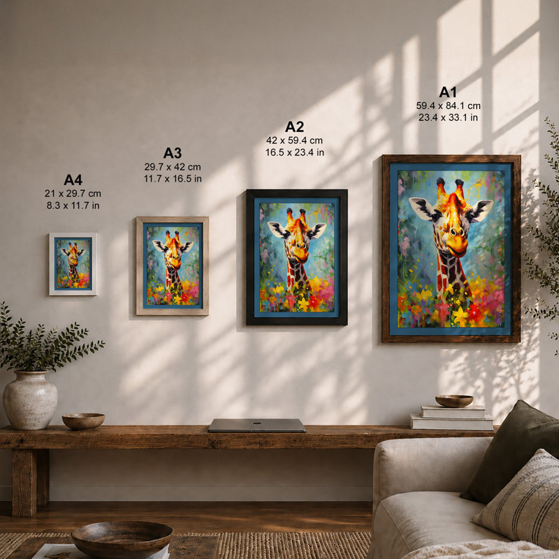 Giraffe in Bloom Boho 1 Piece Single Picture Frame Wall Art, A4 - 29.7 x 21.0 cm, Walnut