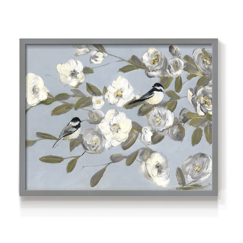 Chickadees and Blossoms I - Reproduction encadrée - Restickable, H 8 po x l 10 po, Gris