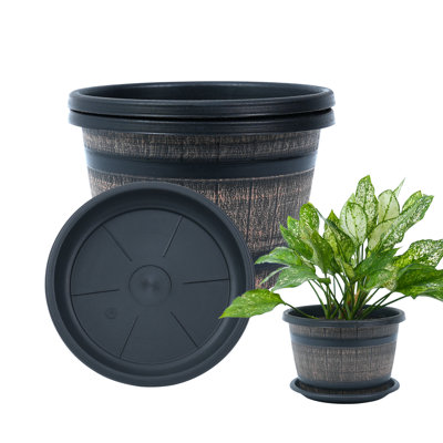 Ensemble de pots à fleurs l 3,10 po x H 7 po avec jardinière en baril de whisky avec trous de drainage et soucoupe, pot de fleurs d'intérieur pour le jardin, design décoratif de baril de vin en plastique pour la plantation extérieure