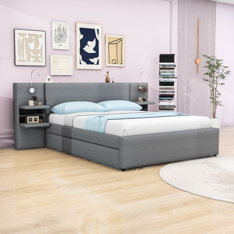 Queen Upholstered Platform Bed with 2 Drawers and Trundle and Lights, Gray