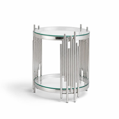 Table d'appoint ronde moderne avec plateau en verre trempé transparent à deux niveaux et structure métallique robuste, table de chevet polyvalente