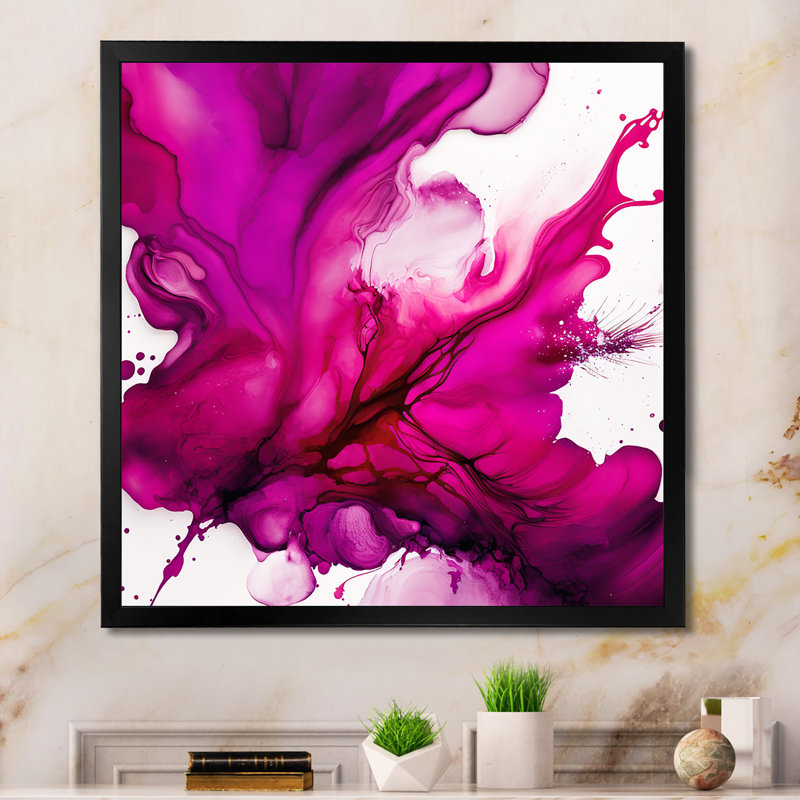 Ancien mystère in Viva Magenta II - Art abstrait à l'encre liquide, H 24 po x l 24 po, Toile avec cadre photo, Noir
