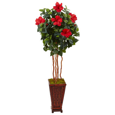 60'' Faux Flowering Plant in Wood Planter