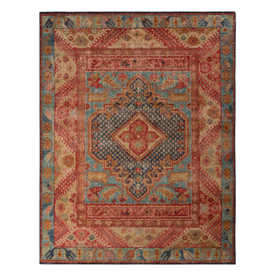 Rug & Kilim’S Distressed Ghiordes Rug In Blue And Red Medallion Pattern