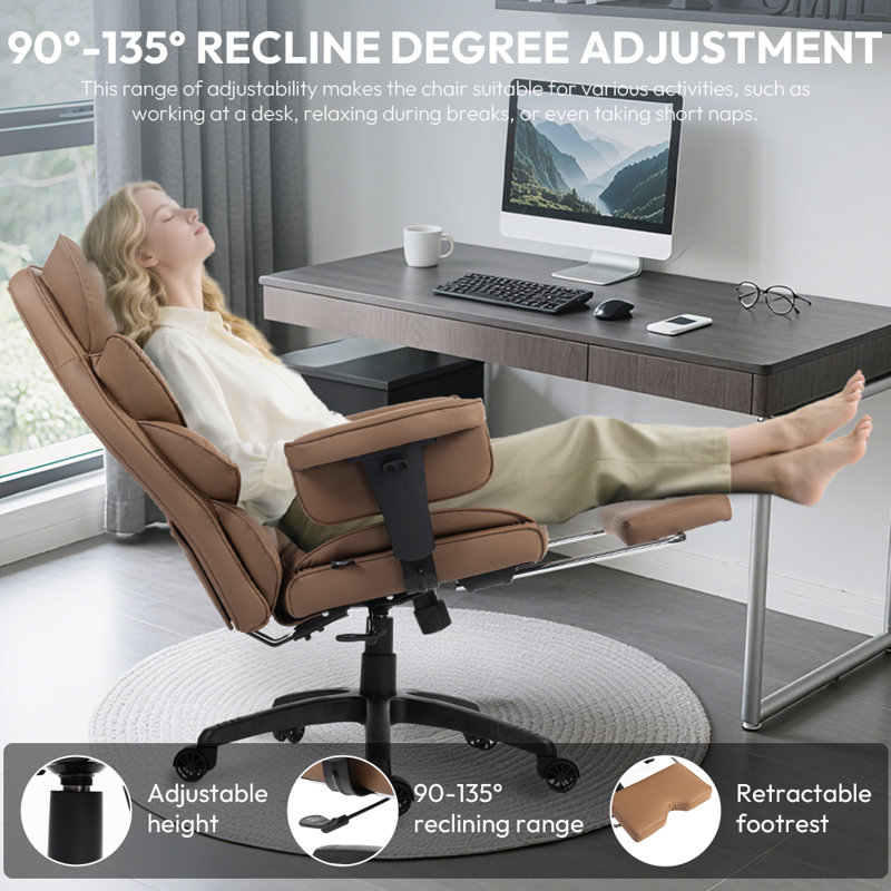 Big & Tall Office Chair - PU High Back Gaming/Executive Desk Chair with Pocket Spring Cushion, Adjustable Armrests, Lumbar Support & Footrest，Brown
