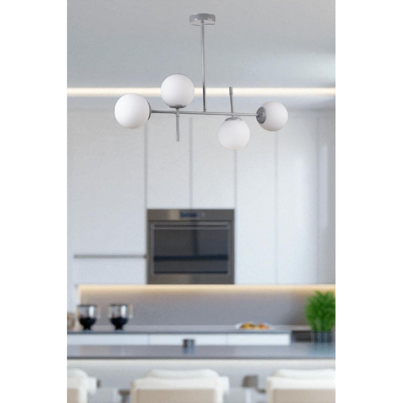 Élégant lustre en métal avec capuchon en verre, blanc et gris, 15 x 5,9 pouces | Hauteur totale: 25,6 pouces | 4 ampoules E27 de 40 W maximum (ampoules non incluses) | Idéal pour la salle à manger et les espaces de vie, l'éclairage élégant et fonctionnel