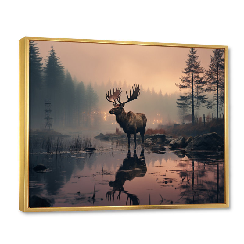 «Brown Peach Moose Misty Morning», reproduction sur toile, Cadre flottant doré, H 12 po x l 20 po x P 1 po