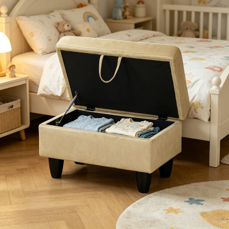 28.5" Rectangular Lift-Top Storage Ottoman Bench, Solid Color Multipurpose Foot Stool, Beige Velvet
