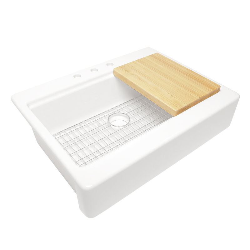Parker Crisp White Fireclay 34" Single Bowl Quick-Fit Apron-Front Drop-In Workstation Kitchen Sink, Workstation Accessories