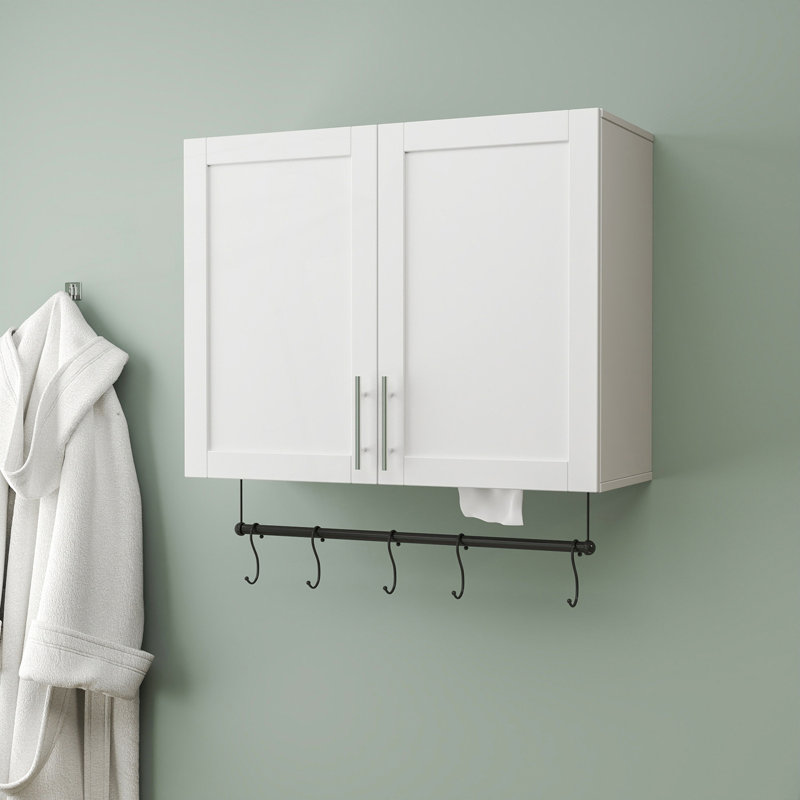 Armoire murale de salle de bain avec tablette réglable, barre à serviettes, 5 crochets