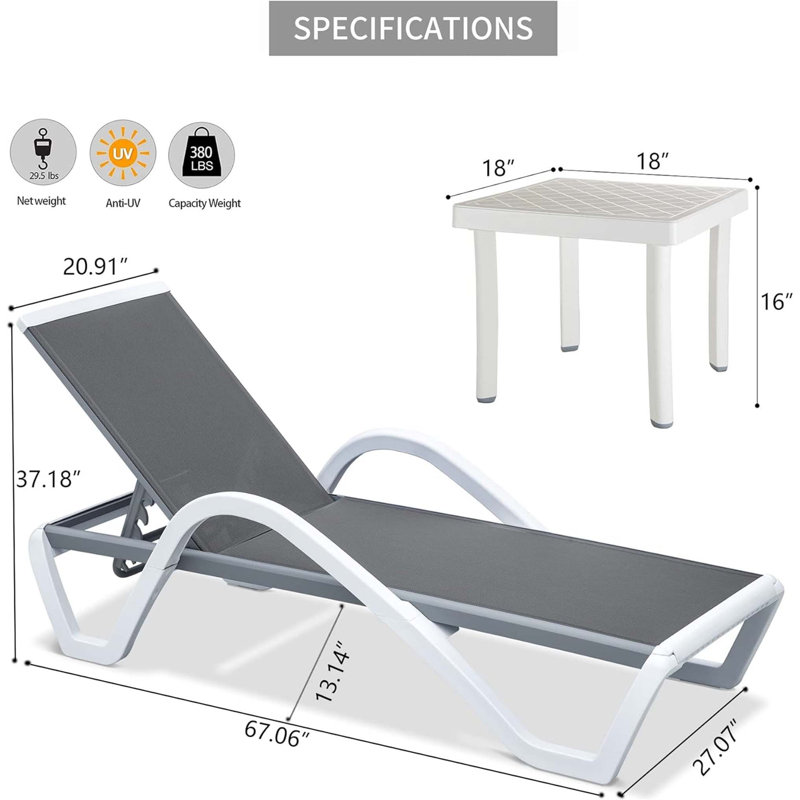Patio Chaise Lounge Adjustable Aluminum Pool Lounge Chairs With Arm All Weather Pool Chairs For Outside,In-Pool,Lawn (Gray, 1 Lounge Chair+1 Plastic Table)