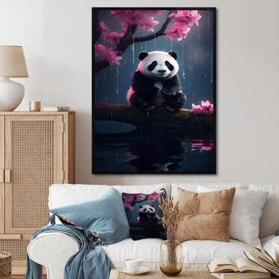 Adorable panda sur une branche avec des fleurs roses - reproduction sur toile