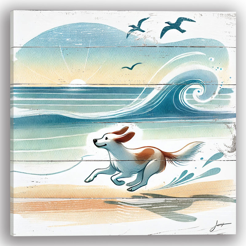 Art mural sur toile Sunrise Beach Run Dog, H 20 po x l 20 po