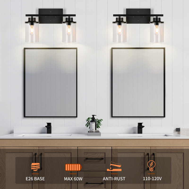 Matte Black 2-Light Dimmable Bathroom Vanity Light with Clear Glass Shades