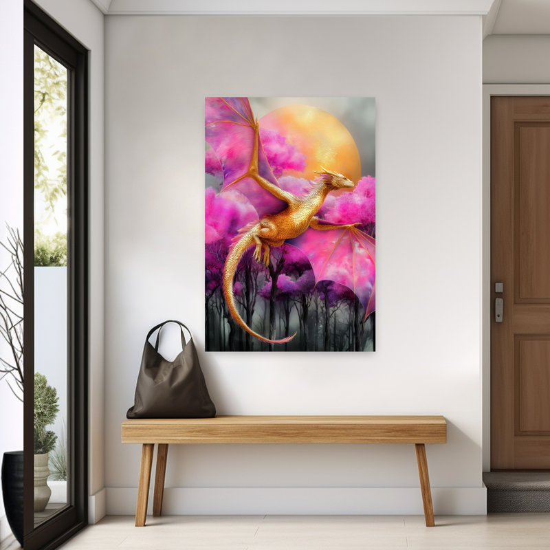 «Enchanted Golden Dragon Ethereal Mystical Vibrant Forest Landscape», art mural, H 60 po x l 40 po