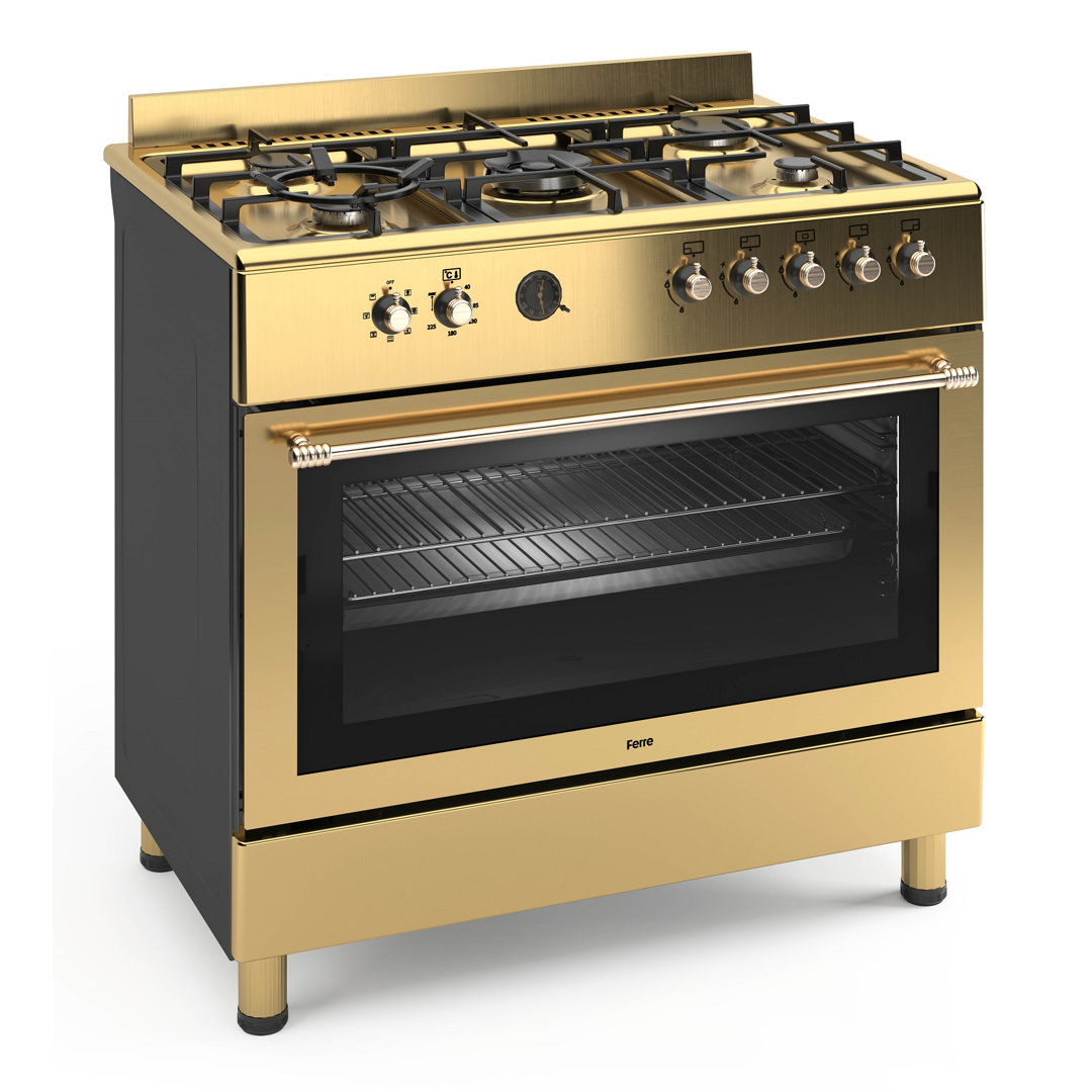 Ferre 90cm Dual Fuel Range Cooker With Double Turbo Fan & 5 Burner(1 Wok) - Gold