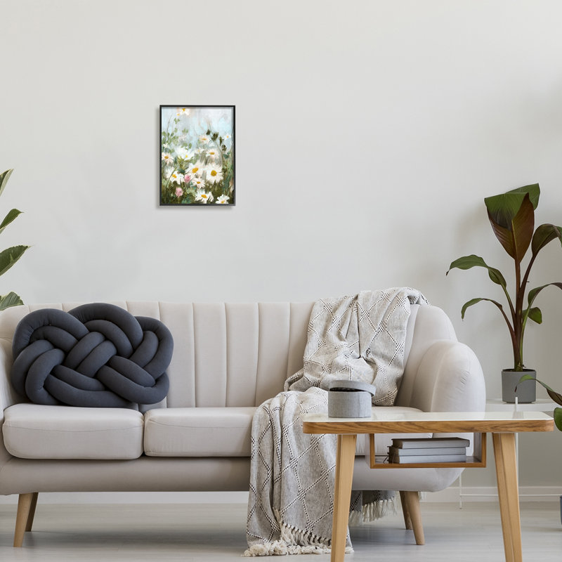 «Wild Daisies Blooming Meadow» encadré sur bois par Nina, peinture bleue, Giclée encadrée noir minuit