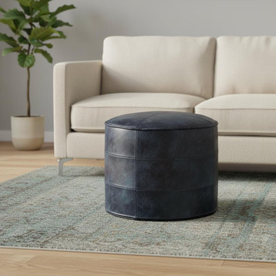 Pouf rond ottoman de 45 cm en cuir véritable bleu marine et bleu