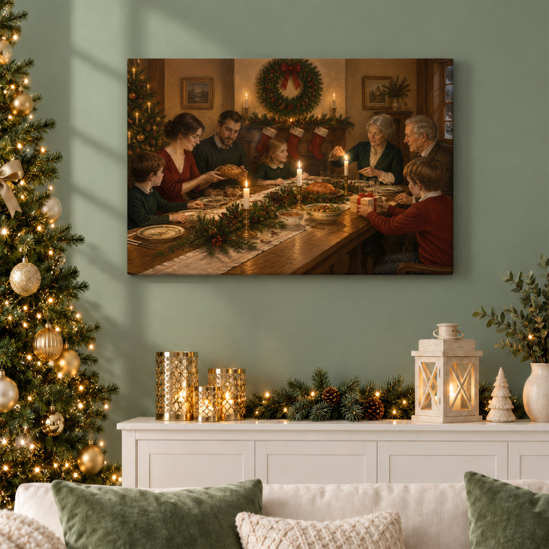 " Multi Generational Family Dinner Candlelit Room Christmas " Painting, H 12 po x l 18 po