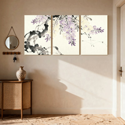 Plantes et fleurs, fleurs de glycine mauves sur des branches d'encre, ensemble de 3 impressions sur toile