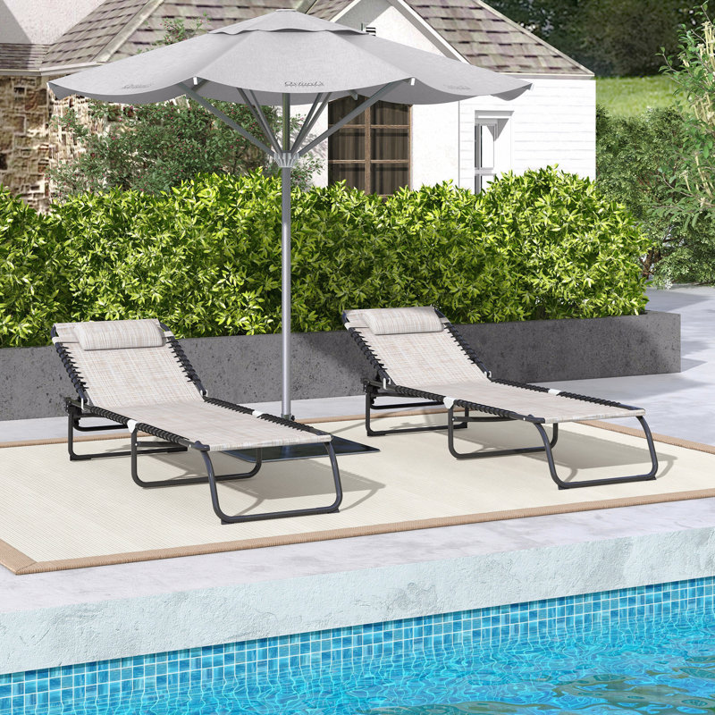Folding Chaise Lounge Pool Chair Set Of 2, Patio Sun Tanning Chair, Outdoor Lounge Chair With 4-Position Reclining Back, Breathable Mesh Seat For Beach, Yard, Patio, Cream
