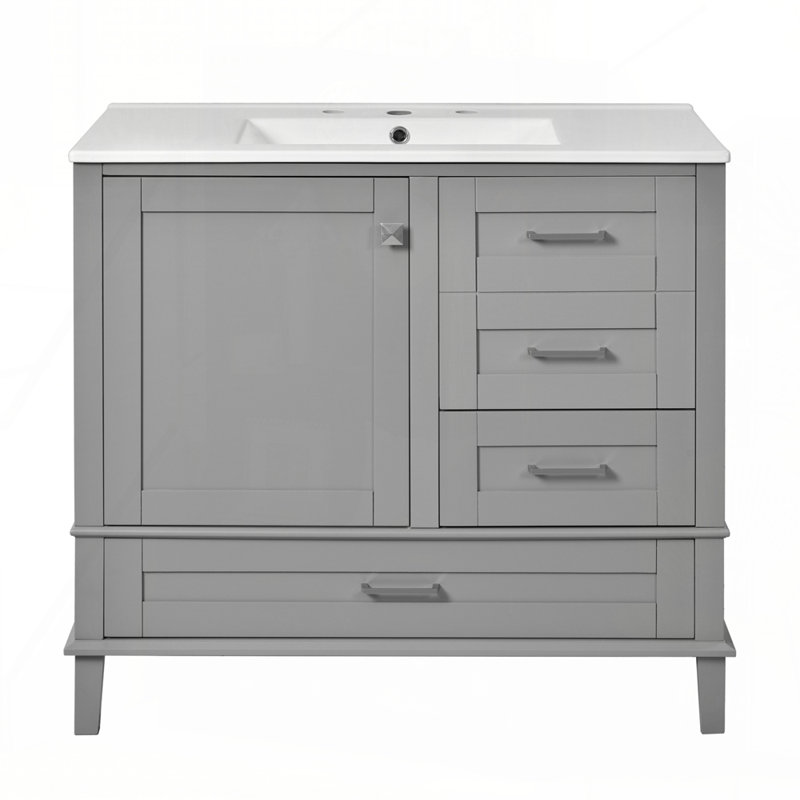 Meuble-lavabo moderne 36 po avec cadre en pin massif, 1 porte à fermeture douce et 3 tiroirs, armoire de rangement moderne