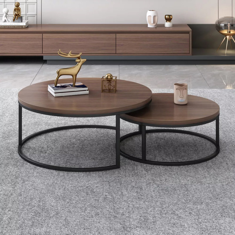31.5/23.7 Inches 2-Piece Round Nesting Coffee Tables – Walnut Wood Top with Black Metal Legs, Brown 