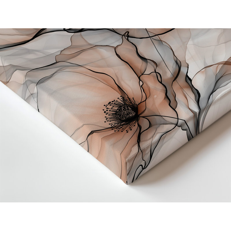 Toile dans une composition sereine et onirique, deux grandes fleurs translucides, art mural Bloom avec pétales fluides en pêche douce et beige