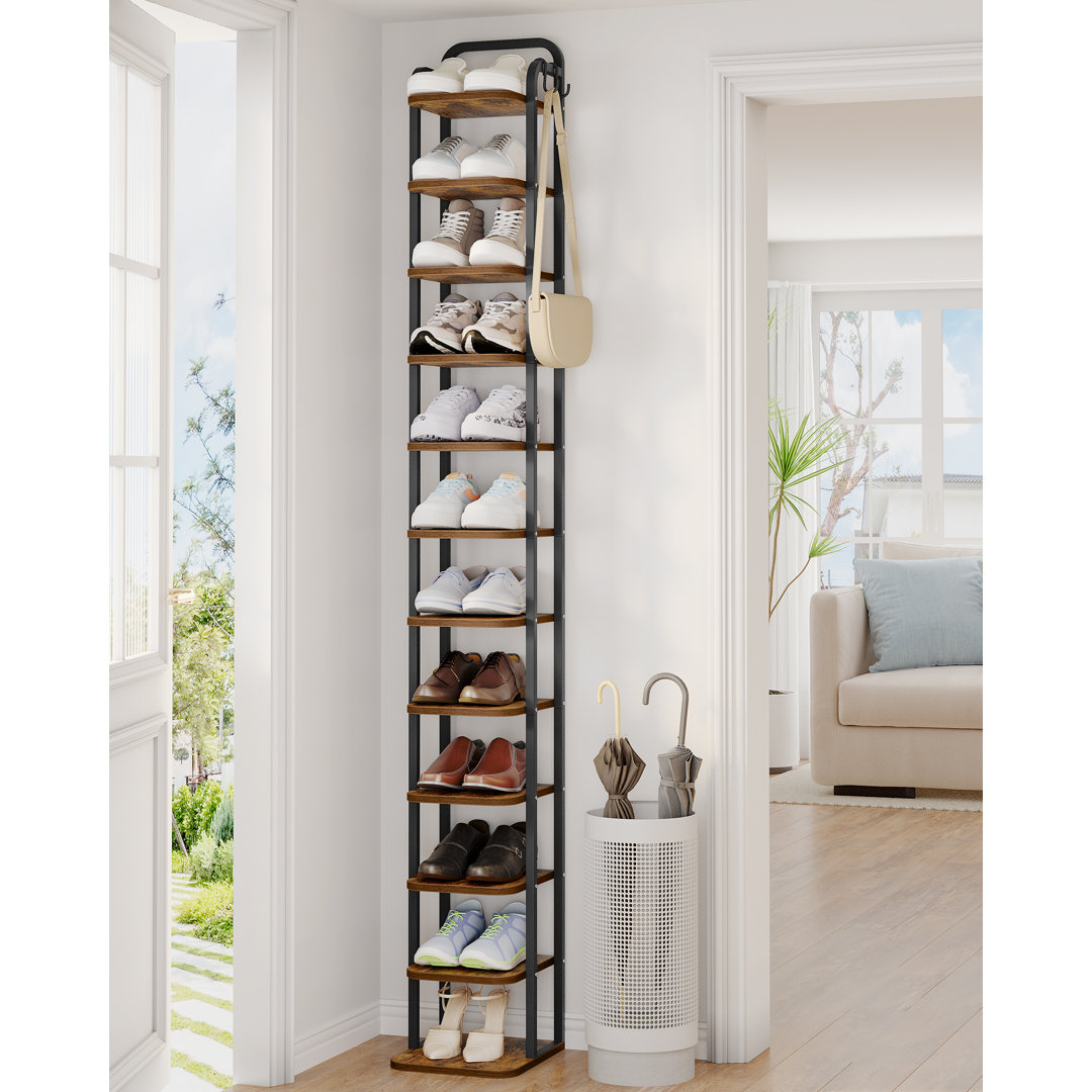 Vertical Shoe Rack, Shoe Shelves, Wood Shoes Organizer for Closet, Entryway, Shoes Tower for Small Spaces, Freestanding, with 2 Hooks, Rustic Brown an