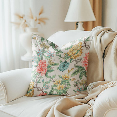 Beige Linen Multi Color Floral Pillow Cover