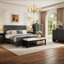 Ensemble de chambre à coucher 4 pièces à grain de bois moderne avec lit plateforme, commode à 5 tiroirs et table de chevet * 2, double, beige-132272589-132272590-132272593