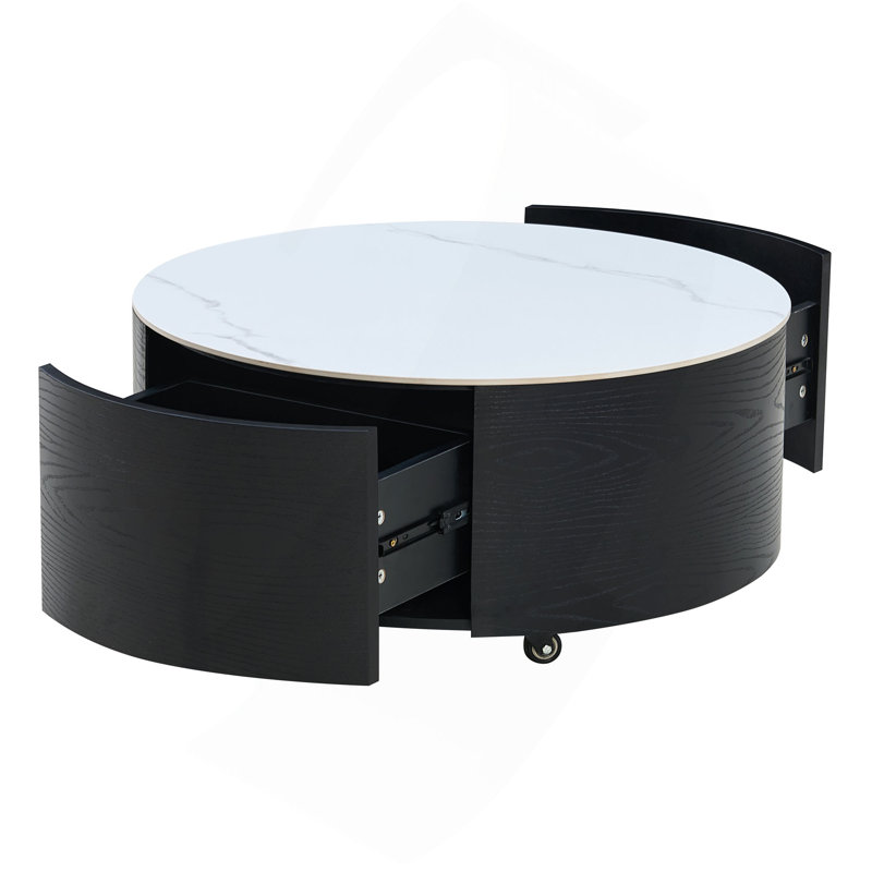 Table basse ronde moderne mobile avec roulettes, 2 tiroirs, plateau en pierre frittée à motif marbré, 29,5 po, Noir