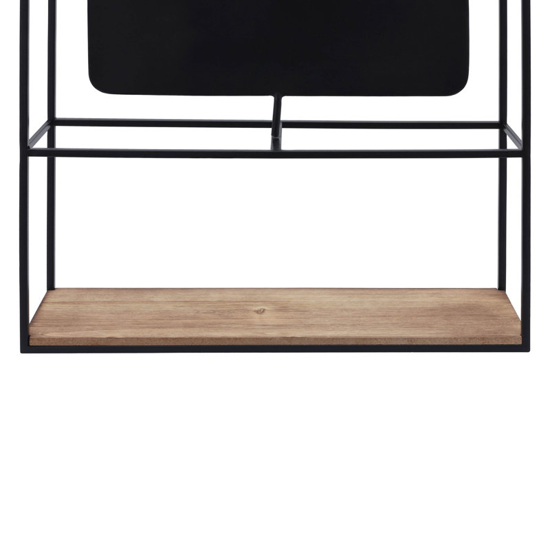 Wall Storage Unit with Metal Iron Frame, Wood Base, Glass Mirror, and Open Shelf.