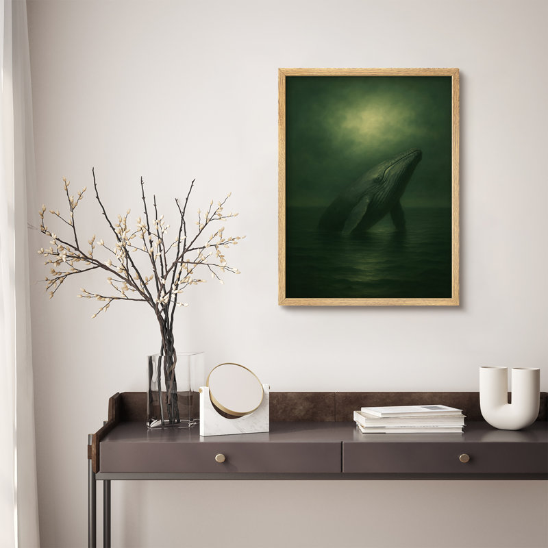 Reproduction d'art encadrée - Baleine faisant surface sous une lumière éthérée, art dramatique de la faune de l'océan pour des intérieurs contemporains