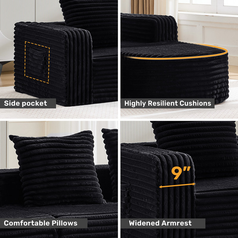 Boneless Boneless Cloud Couch, 102" L-shape Modular Sectional Sofa With Chaise, Soft Faux Fur Deep Seat, 3 Pillows & 2 Side Pockets For Living Room, Bedroom