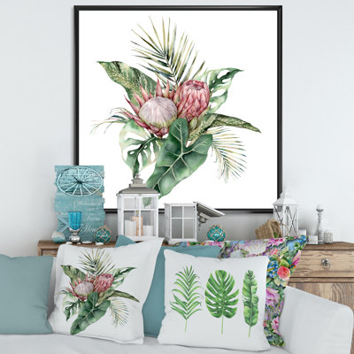 «H King and Queen Proteas Palm and Monstera Leaves», peinture sur toile