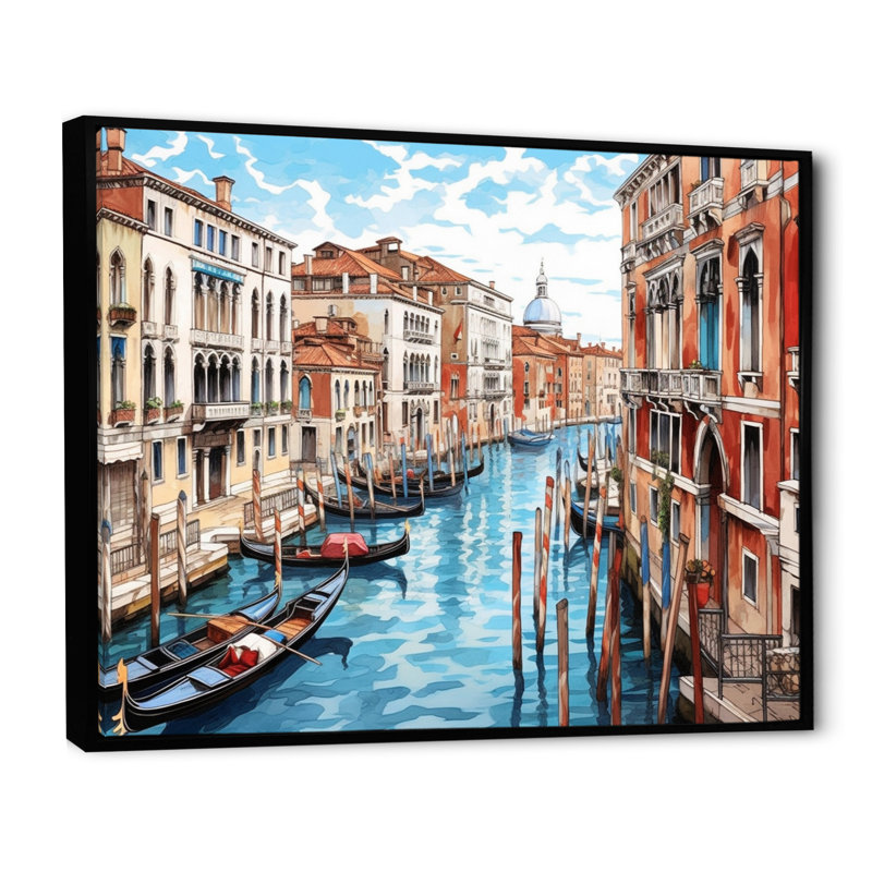 Art mural canal vénitien - Italie, 16" H x 32" W, Cadre flottant noir