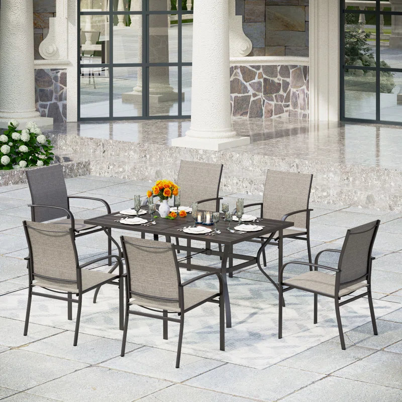 Argyri Rectangular 7 - Piece 6 - Person 152.4Cm Outdoor Table Set, Brown
