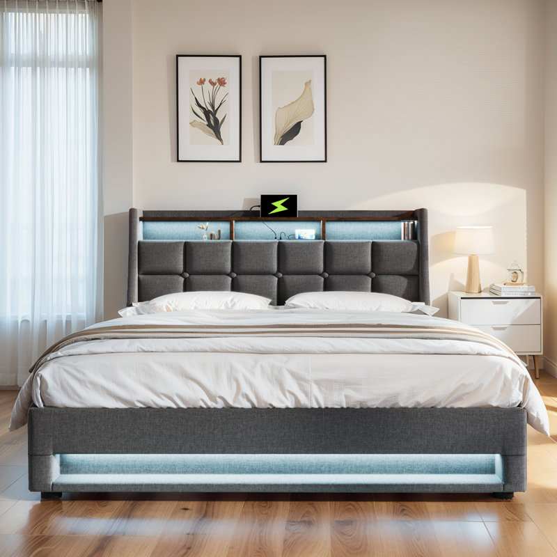 Hydraulic Lift Up Storage Upholstered Platform Bed With Charging And Led Light, Gray, Queen