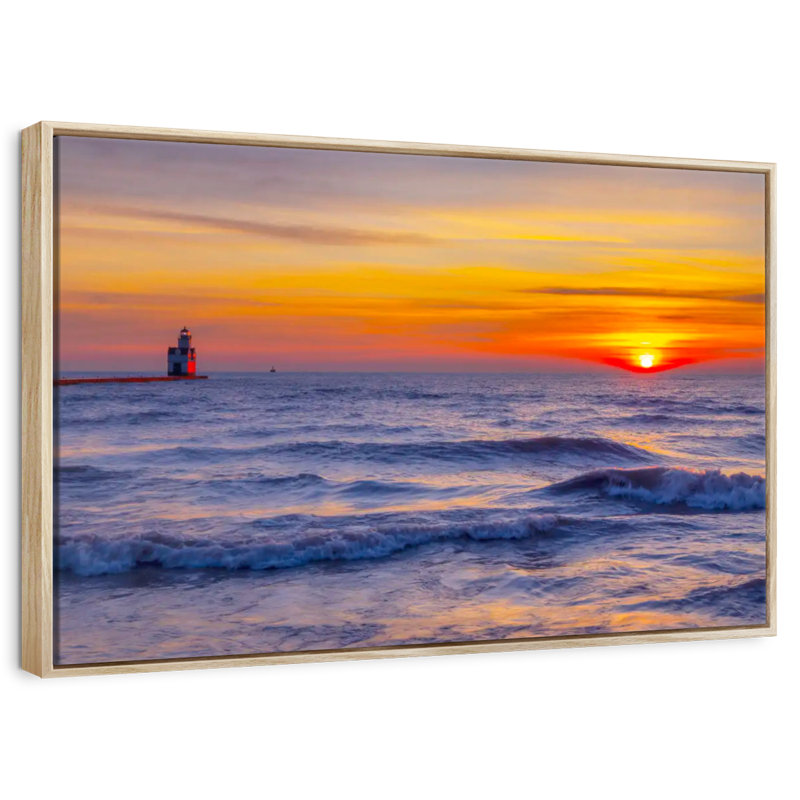 Phare sur le lac Michigan, Cadre flottant en bois naturel, 31 po x 21 po
