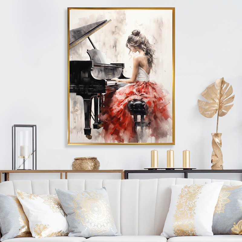 Yannis Beige Red Music Piano Harmony I - musique, impressions sur toile, H 40 po x l 30 po, Reproduction avec cadre flottant