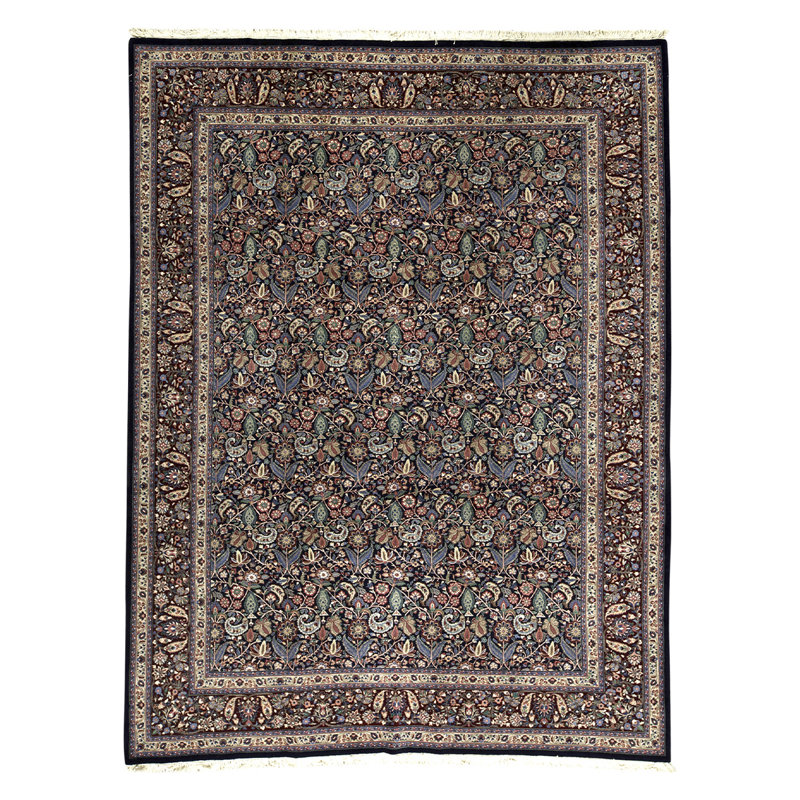Tapis bleu marine / brun / beige de haute qualité noué à la main de conception unique