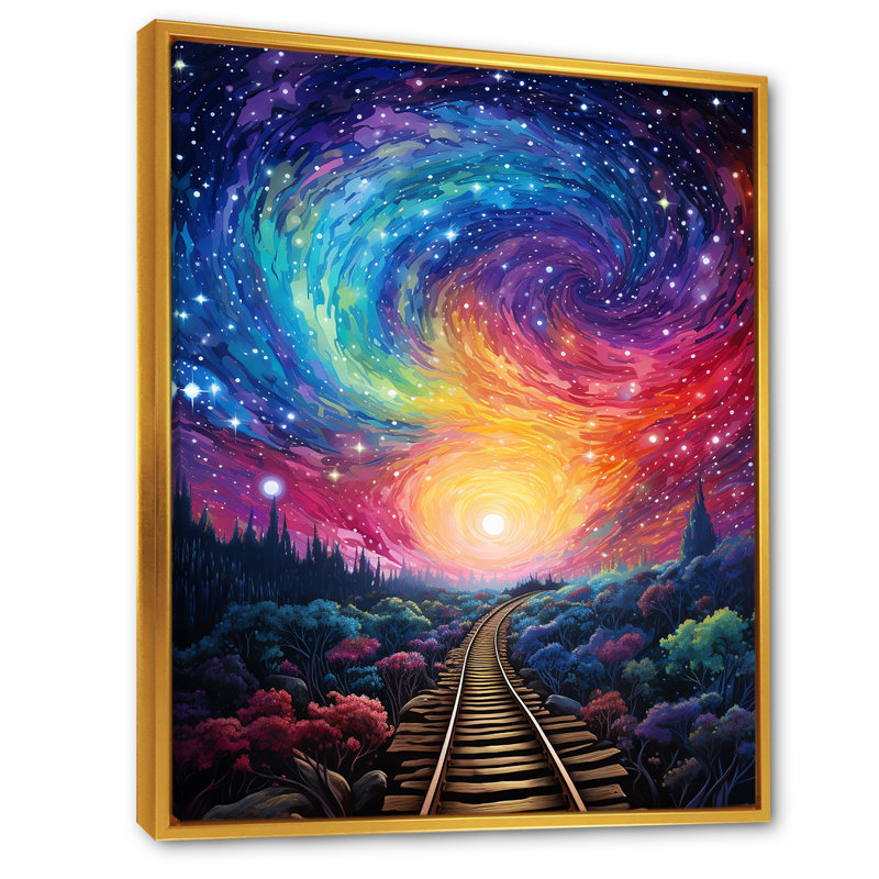 «Starry Night Train Traces To The Sky II», art mural Vangogh, Cadre flottant doré, H 40 po x l 30 po