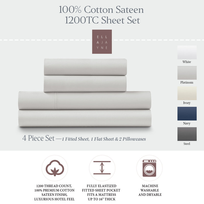 100% Cotton Sateen Luxurious 1200 Thread Count 4-Piece Sheet Set, Cal King, Platinum