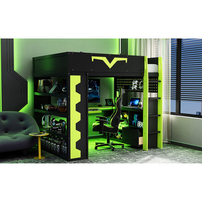 Full Size Gaming Loft Bed With Desk, - Controlled , Bookshelf, And Finish, Adaptable To Space Functional