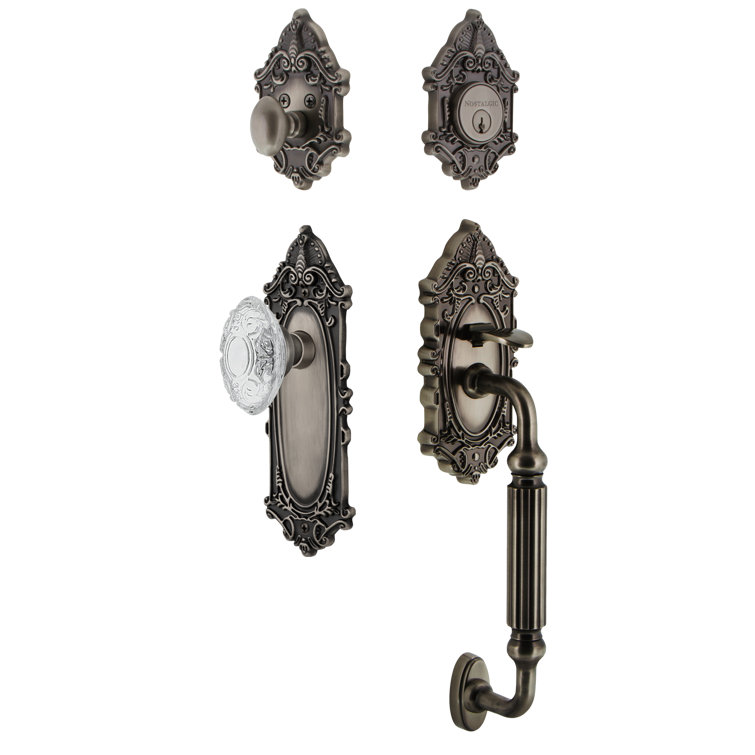 Nostalgic Warehouse Victorian Plate F Grip Handleset with Single Cylinder Deadbolt and Crystal Victorian Knob