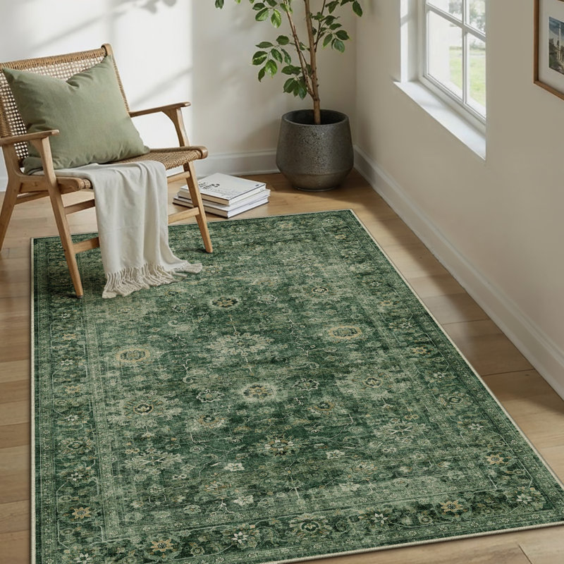 Virelle Vintage Persian Area Rug With Machine Washable & Non-Slip, Rectangle 3' x 5', Green
